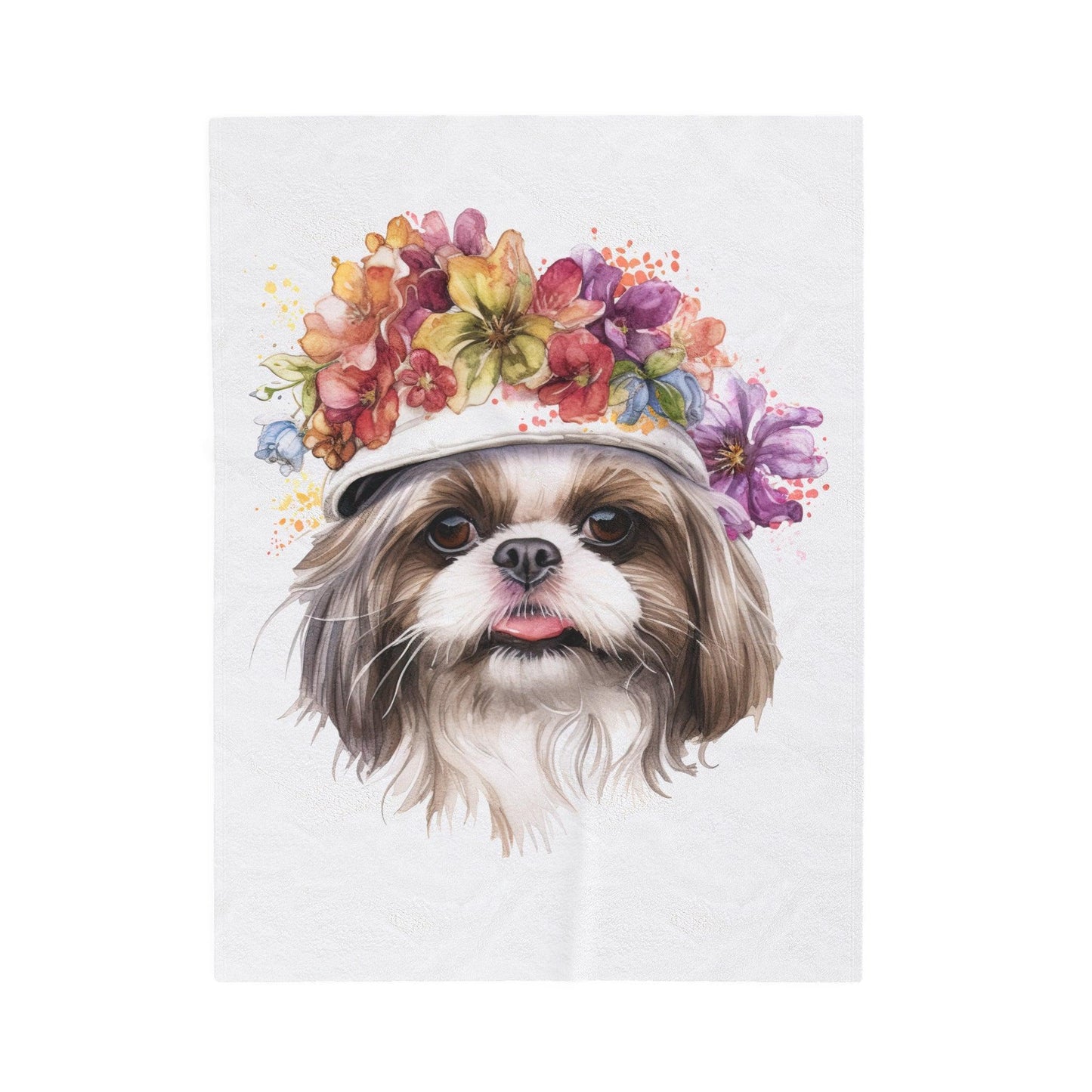 Shih Tzu With Flowers Hat Velveteen Plush Blanket - Shih Tzu Gifts