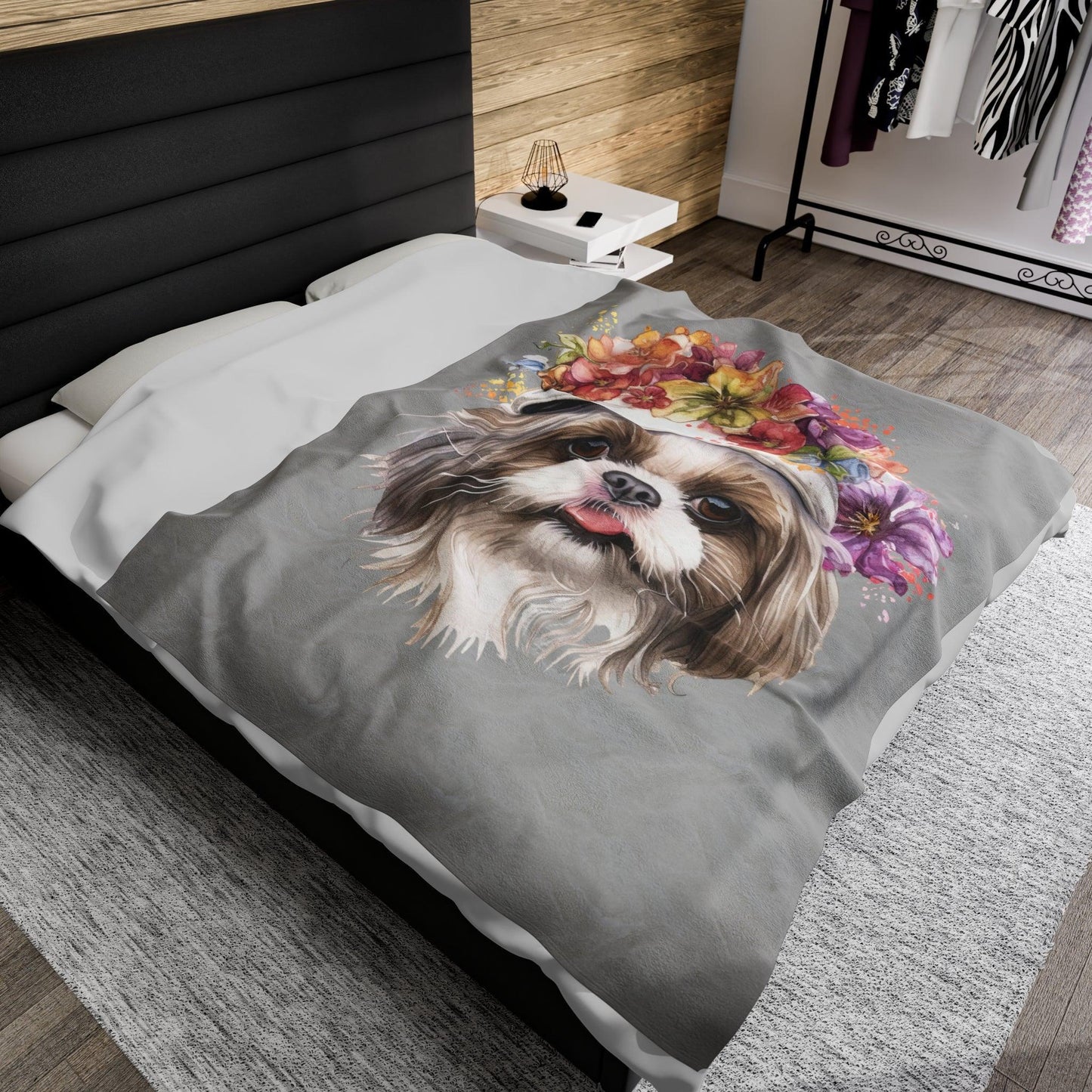 Shih Tzu With Flowers Hat Velveteen Plush Blanket - Shih Tzu Gifts