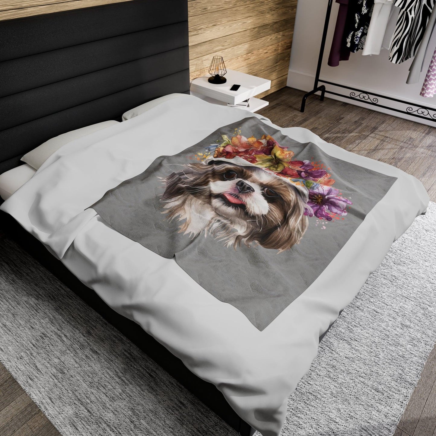Shih Tzu With Flowers Hat Velveteen Plush Blanket - Shih Tzu Gifts