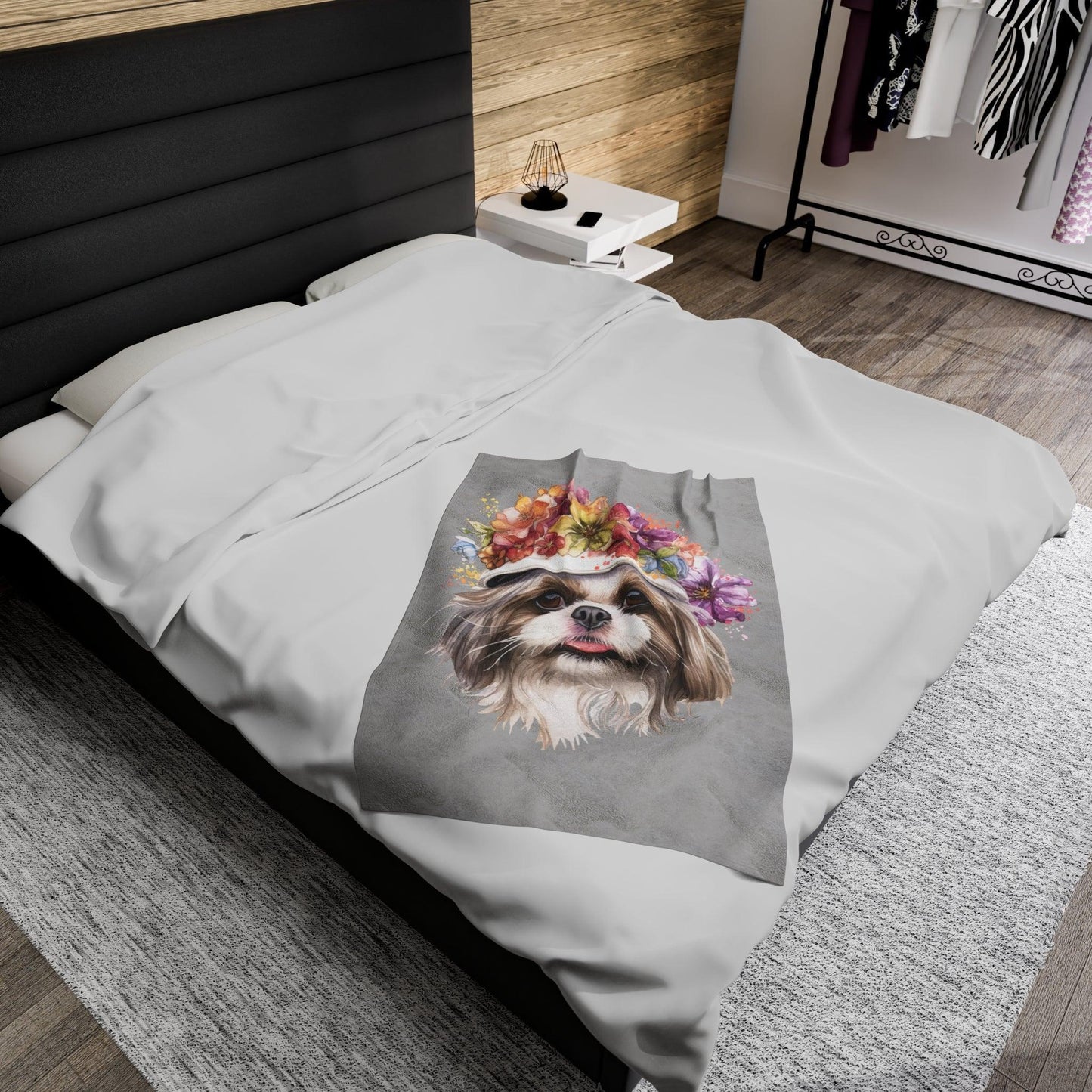 Shih Tzu With Flowers Hat Velveteen Plush Blanket - Shih Tzu Gifts