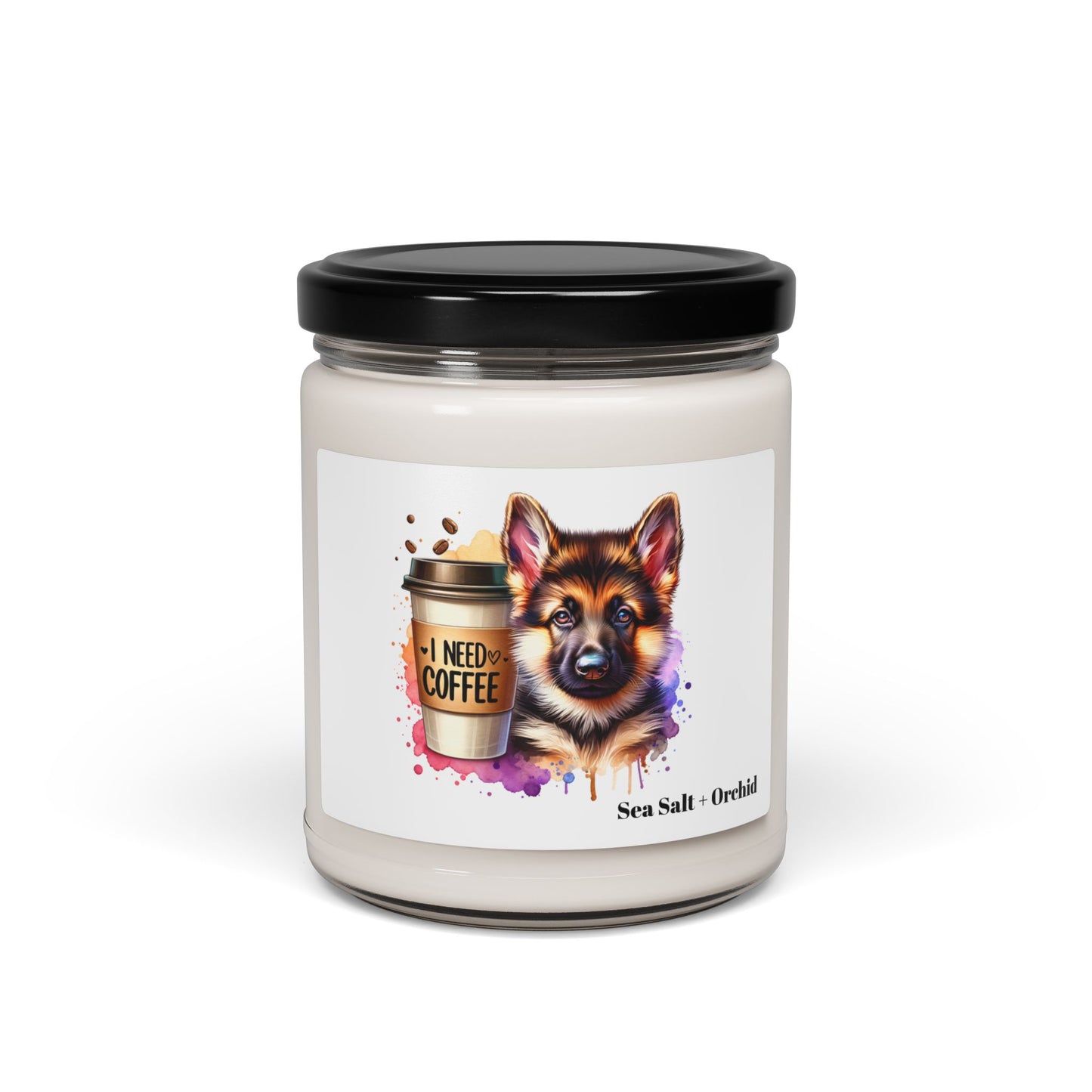 German Shepherd with Coffee Scented Soy Candle – Dog Lover Gift