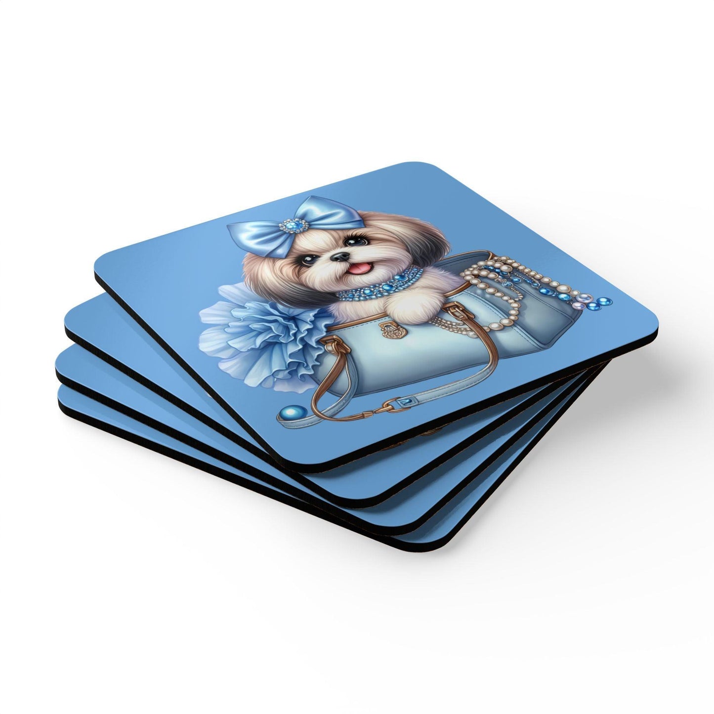 Blue Bow Shih Tzu Corkwood Coaster Set - Shih Tzu Gifts