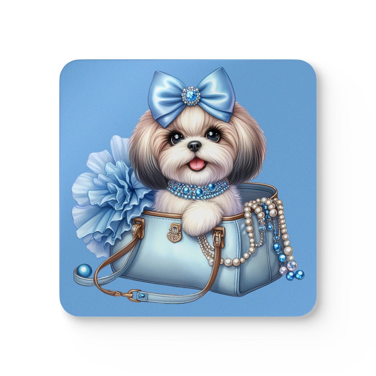 Blue Bow Shih Tzu Corkwood Coaster Set - Shih Tzu Gifts