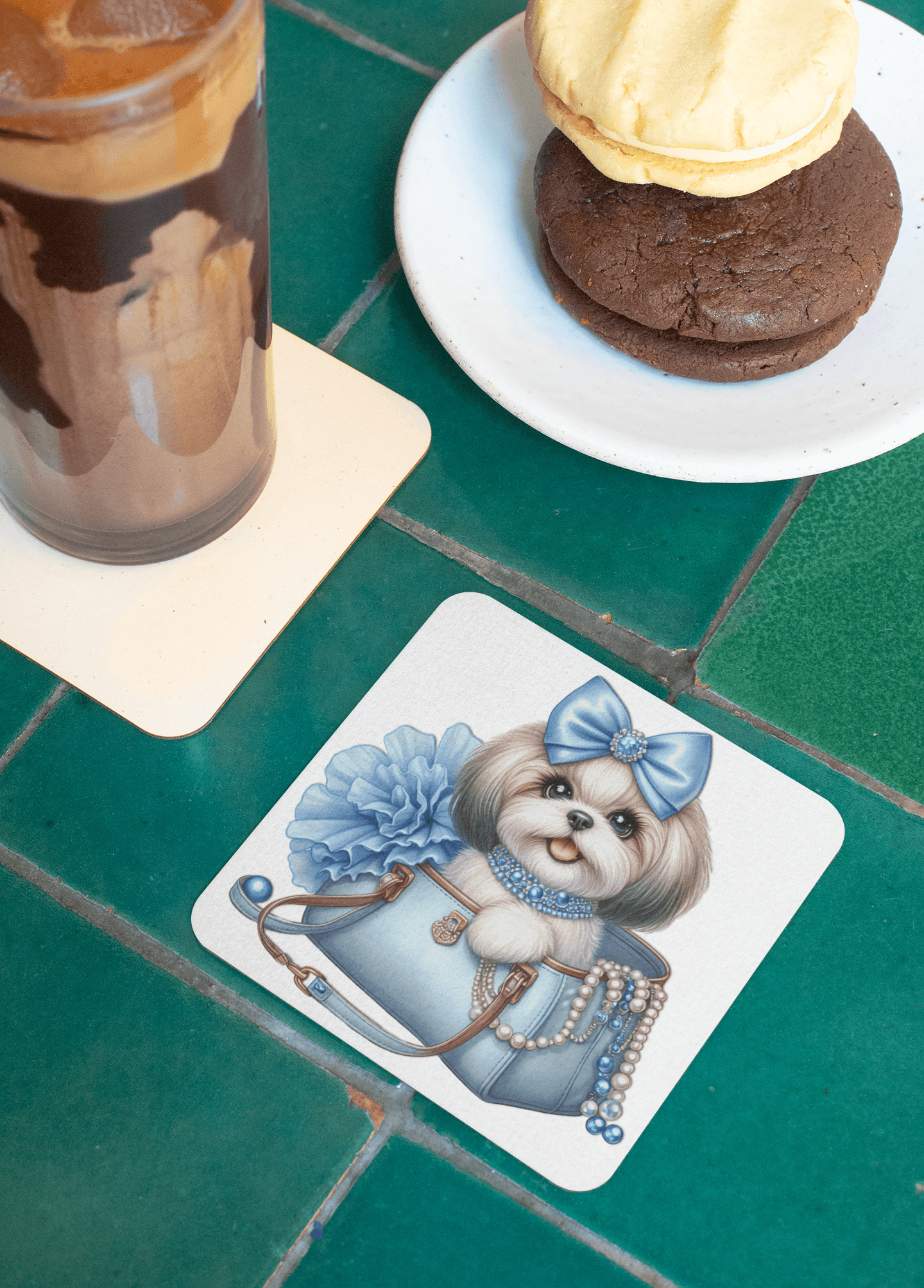 Blue Bow Shih Tzu Corkwood Coaster Set - Shih Tzu Gifts