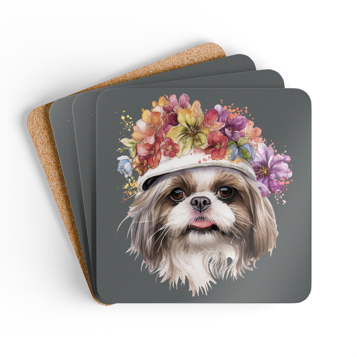 Shih Tzu With Flowers Hat Corkwood Coaster Set - Shih Tzu Gifts