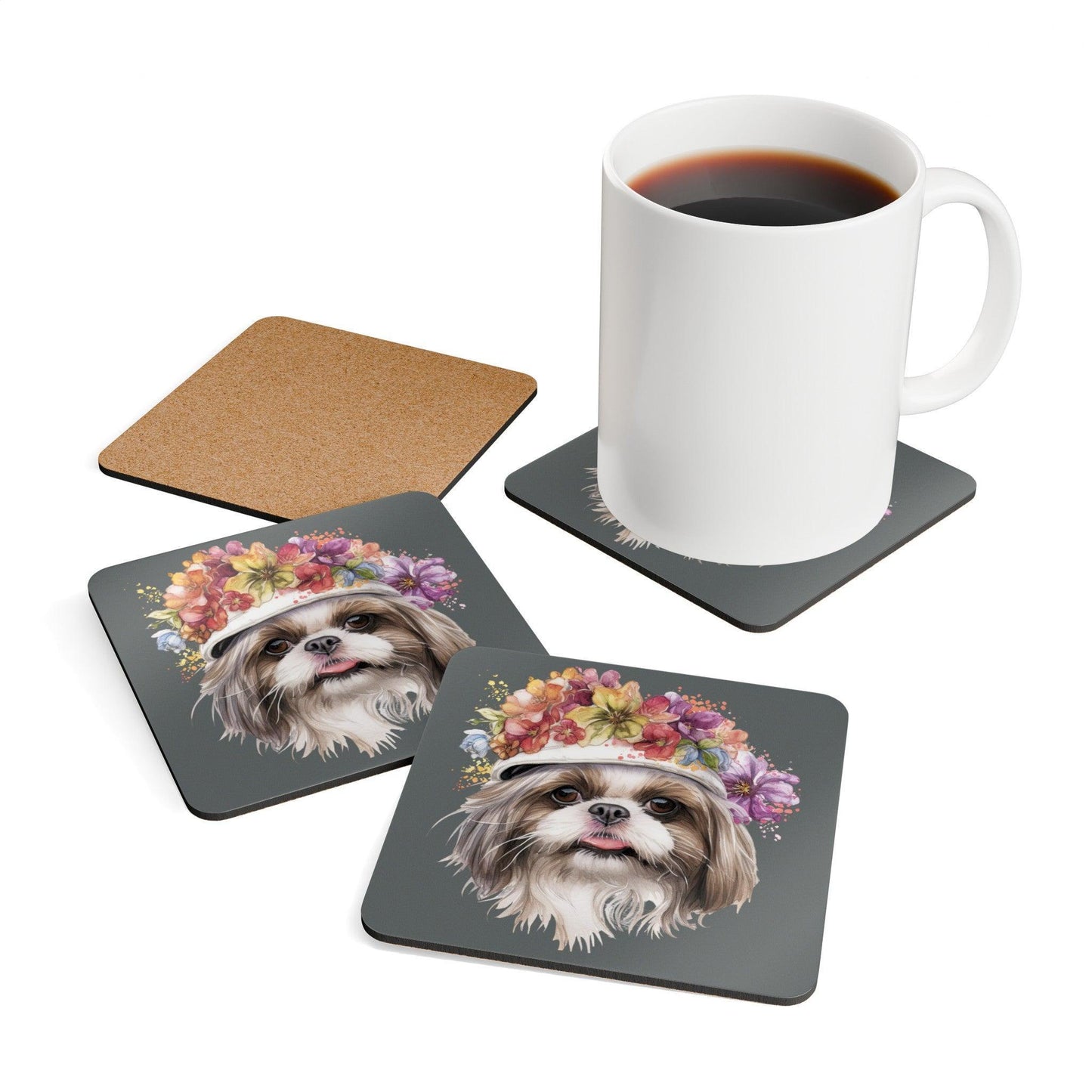 Shih Tzu With Flowers Hat Corkwood Coaster Set - Shih Tzu Gifts