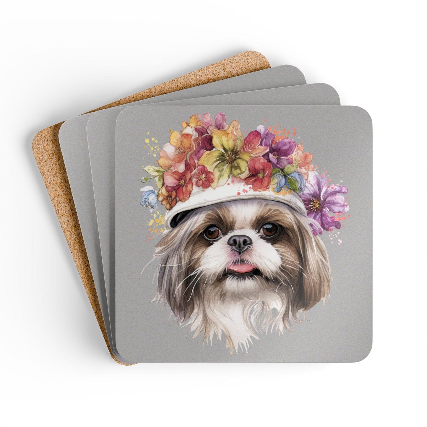 Shih Tzu With Flowers Hat Corkwood Coaster Set - Shih Tzu Gifts