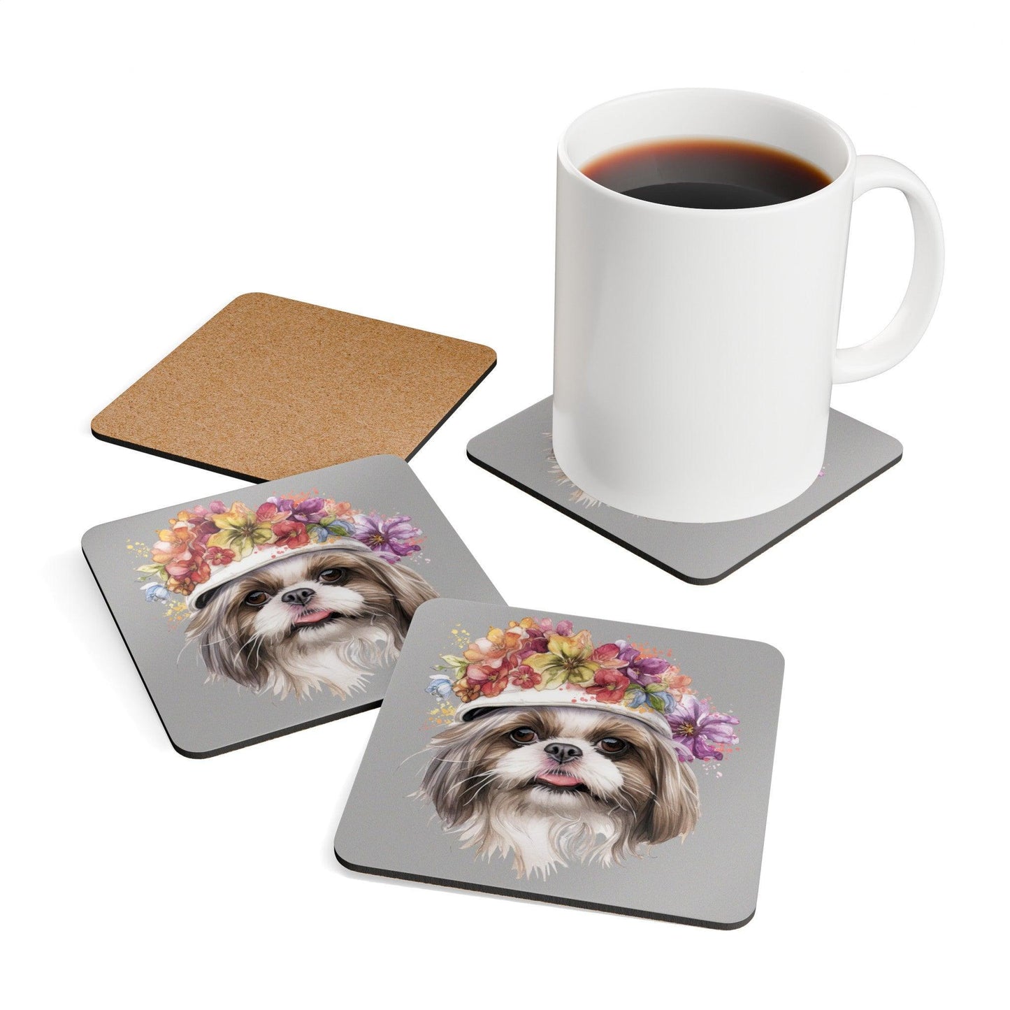 Shih Tzu With Flowers Hat Corkwood Coaster Set - Shih Tzu Gifts