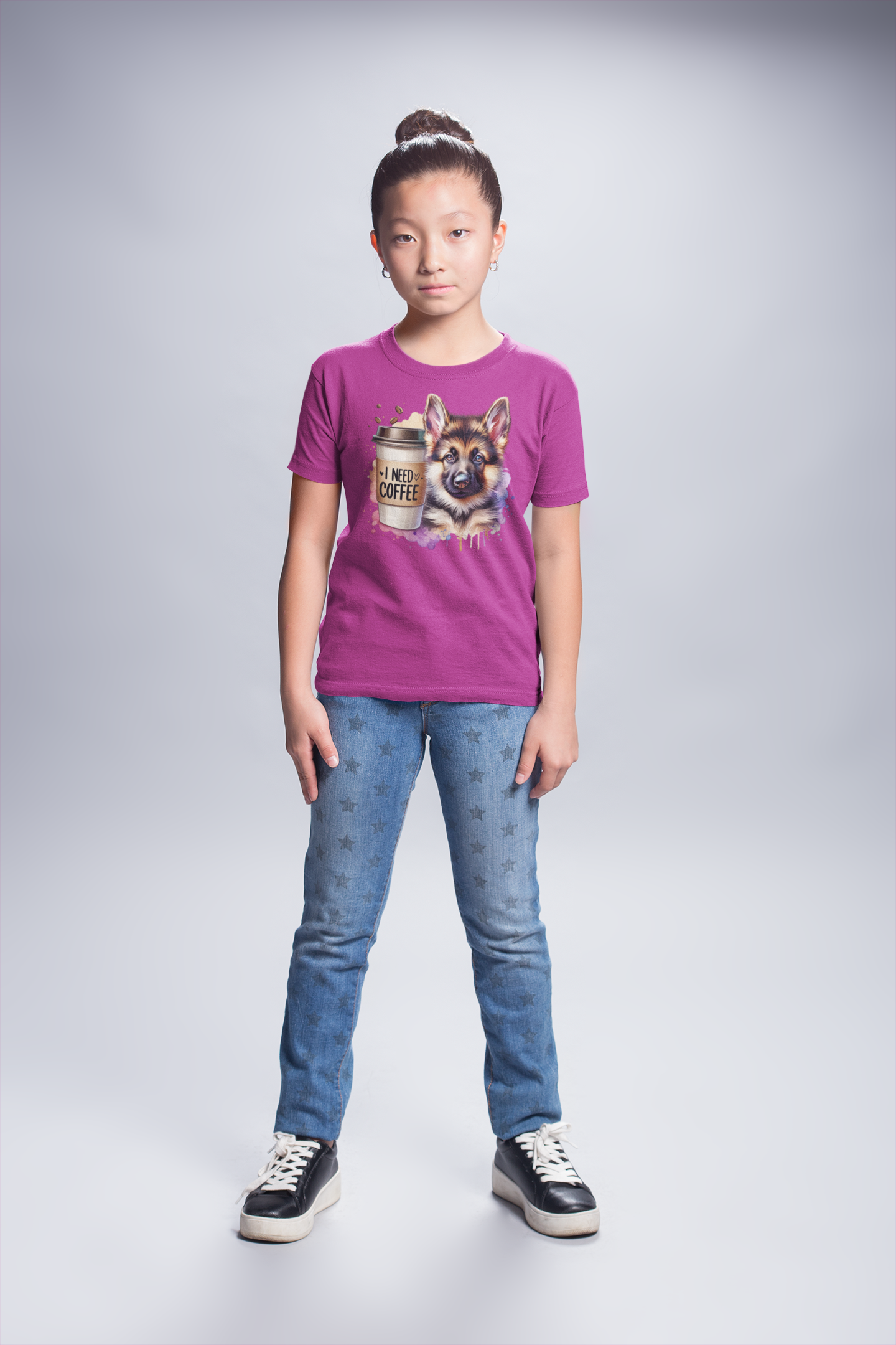 German Shepherd with Coffee Youth T-Shirt – Fun Dog Shirt for Kids