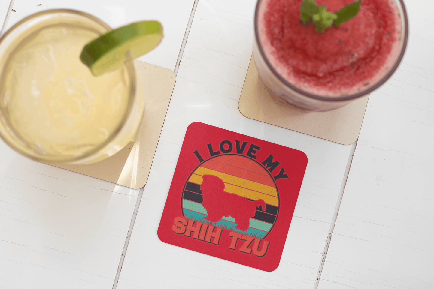 I Love My Shih Tzu With Rainbow Corkwood Coaster Set - Shih Tzu Gifts
