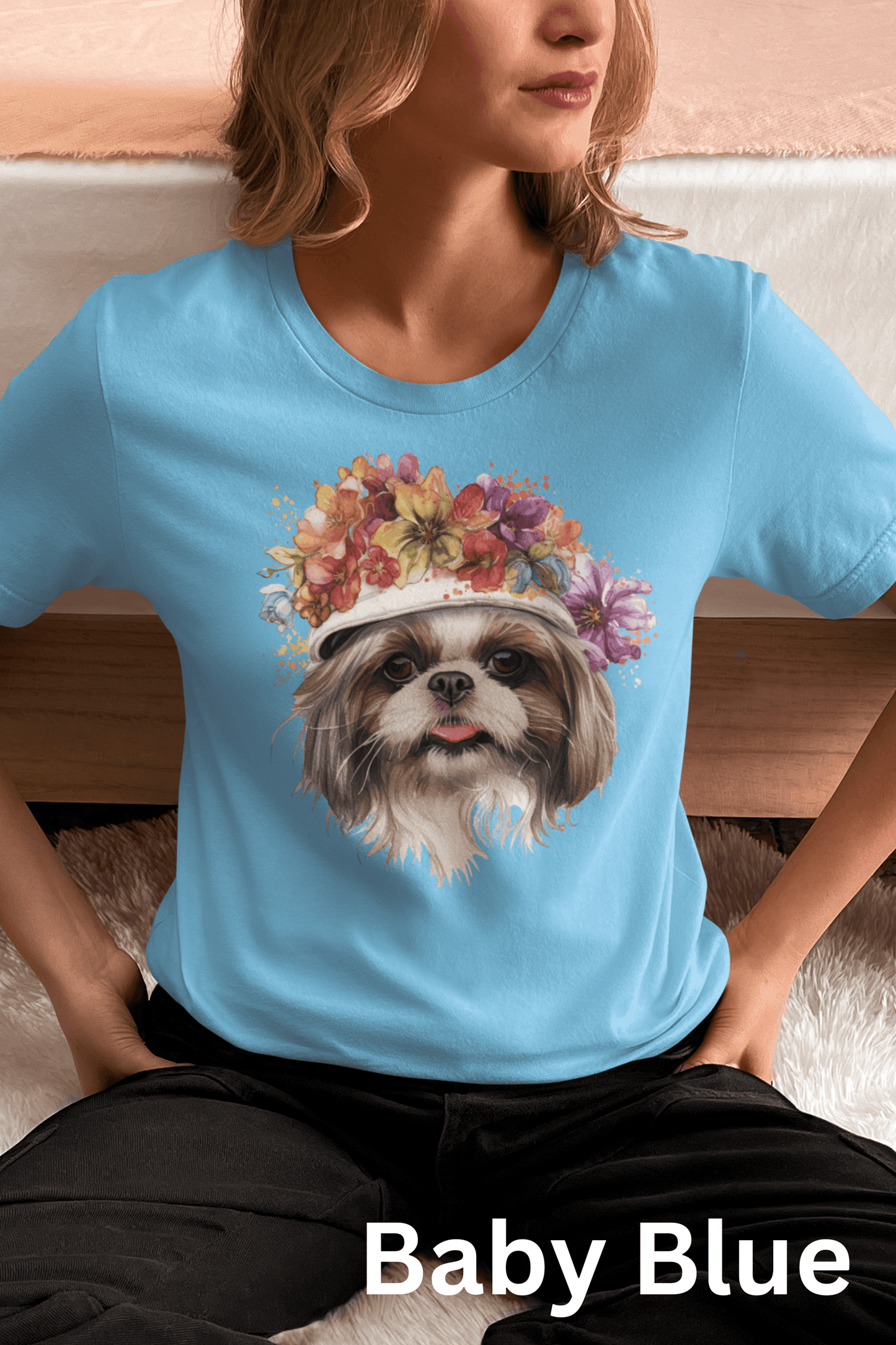 Shih Tzu with Flowers Hat T-Shirt - Stylish Tee for Dog Lovers - Shih Tzu Gifts