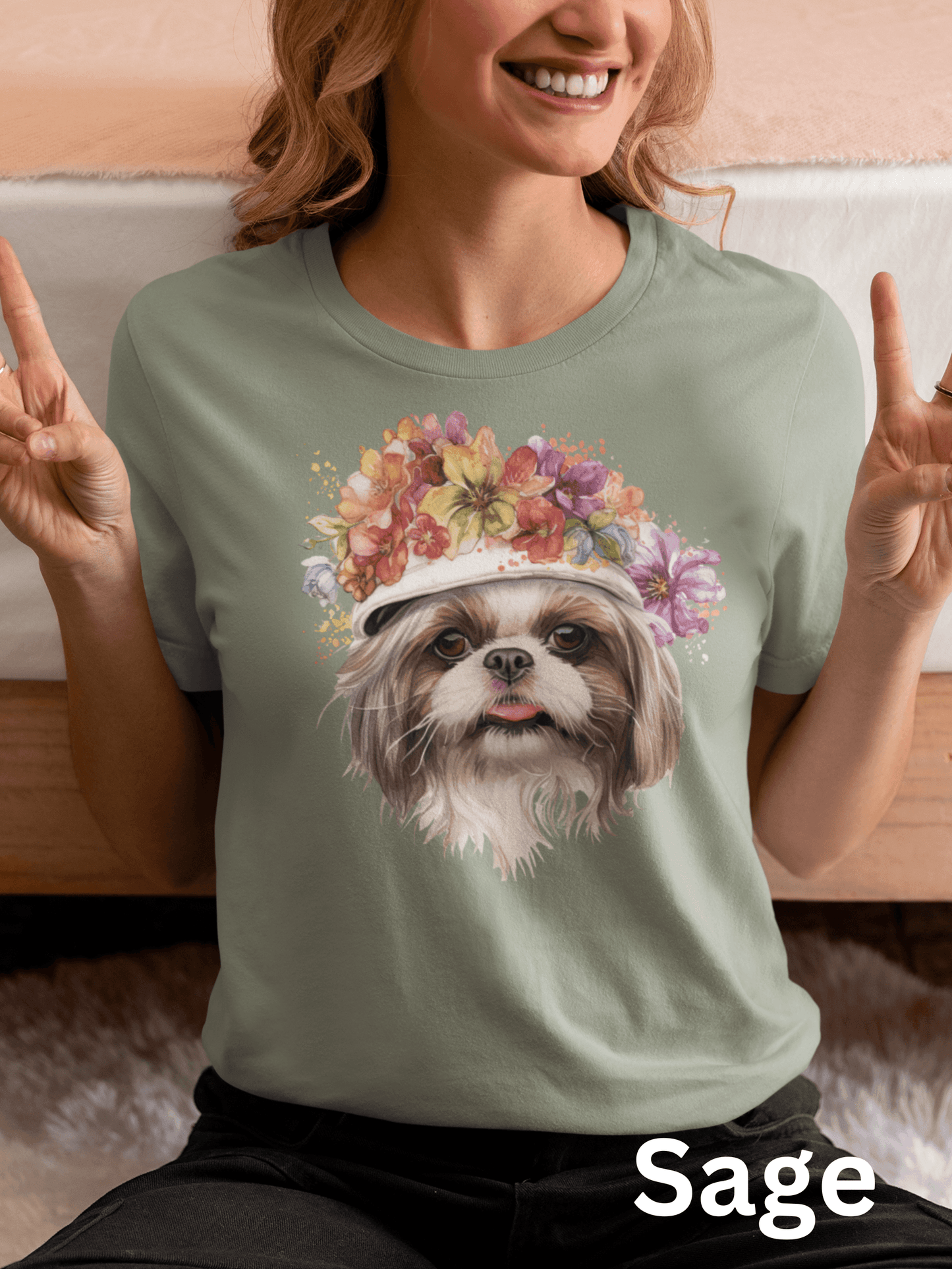 Shih Tzu with Flowers Hat T-Shirt - Stylish Tee for Dog Lovers - Shih Tzu Gifts