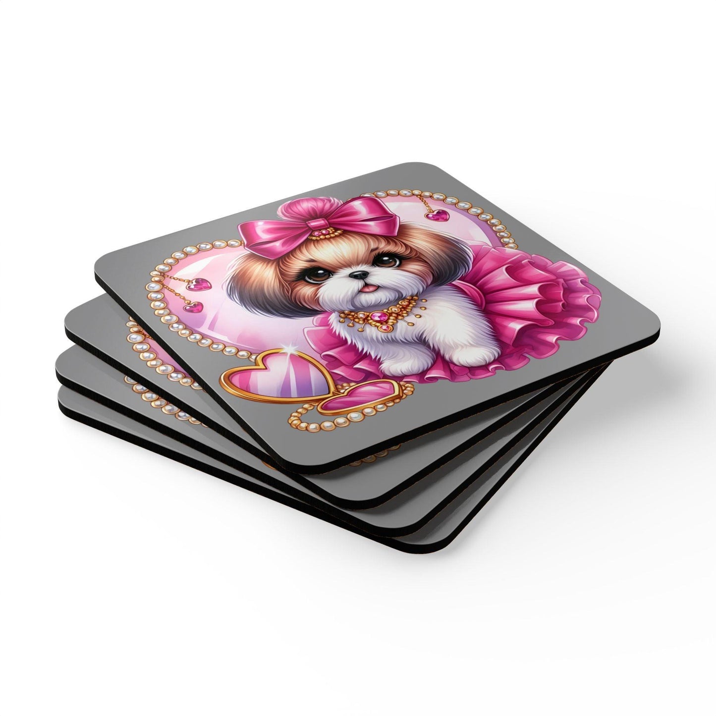 Pink Bow Shih Tzu Corkwood Coaster Set - Shih Tzu Gifts
