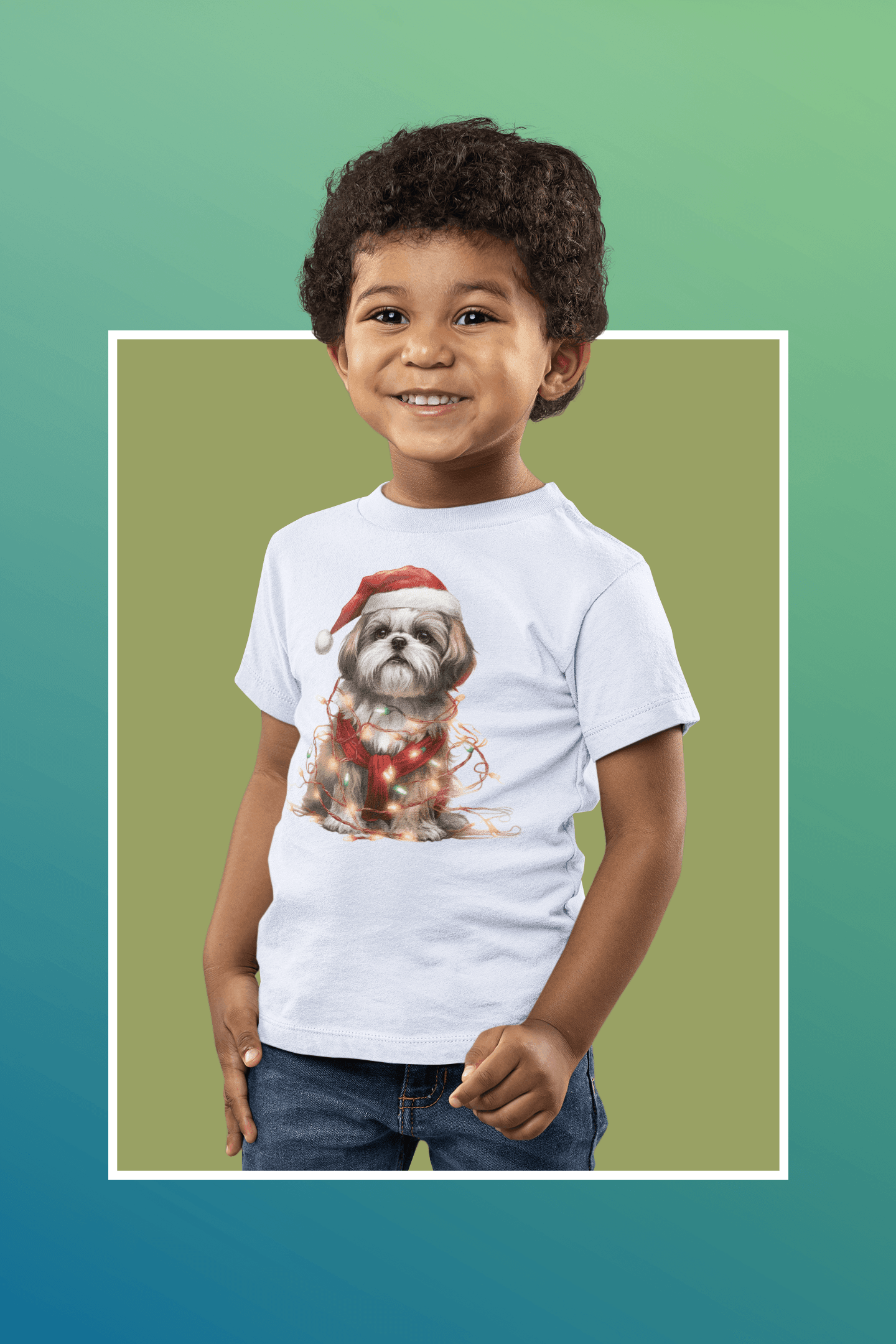 Shih Tzu Wearing a Christmas Hat and Wrapped in Lights Youth Short Sleeve Tee - Shih Tzu Gifts