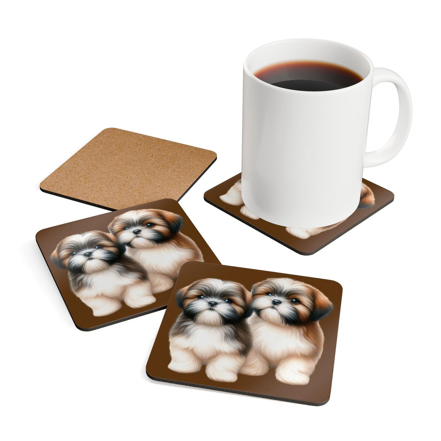 Two Babies Shih Tzu Corkwood Coaster Set - Shih Tzu Gifts