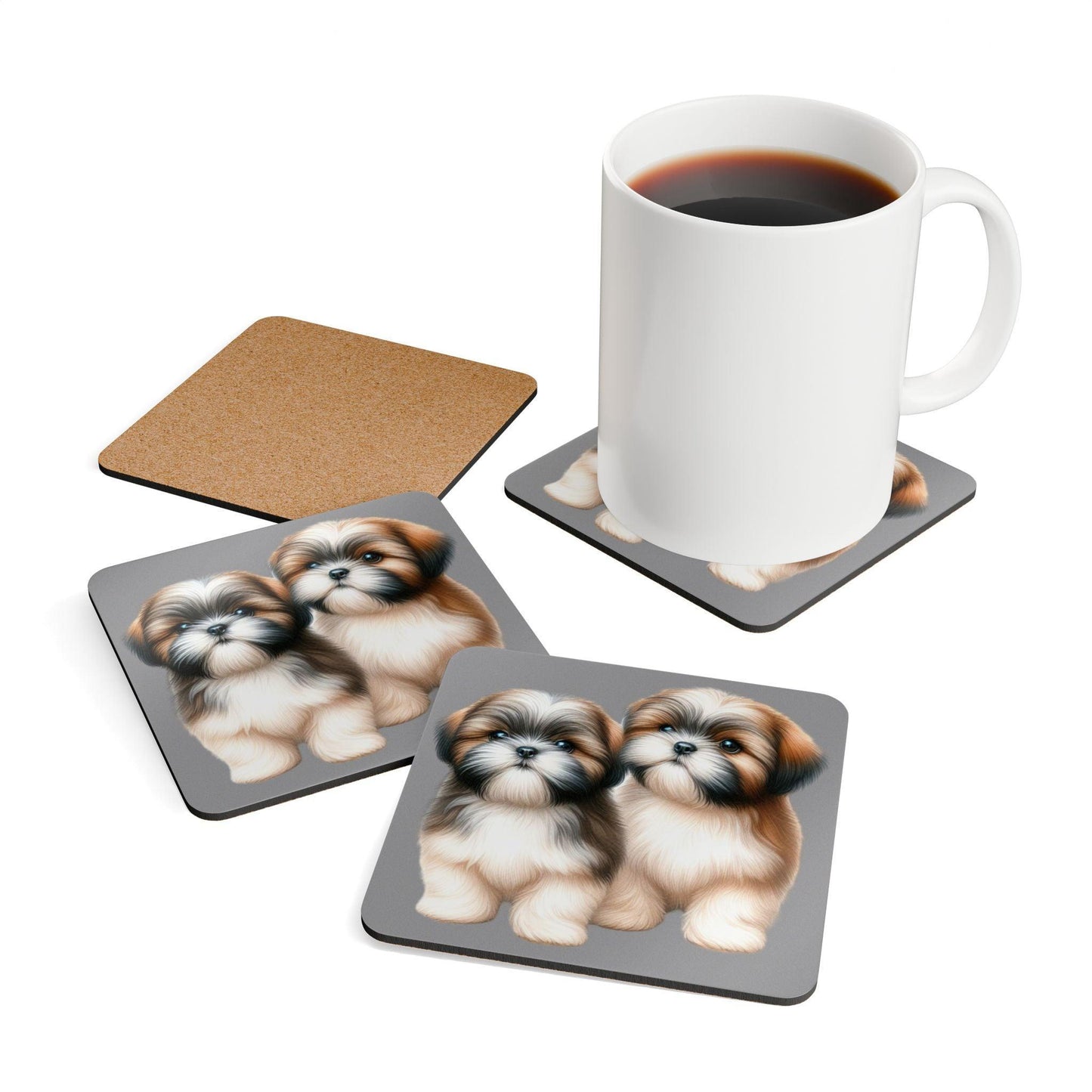 Two Babies Shih Tzu Corkwood Coaster Set - Shih Tzu Gifts