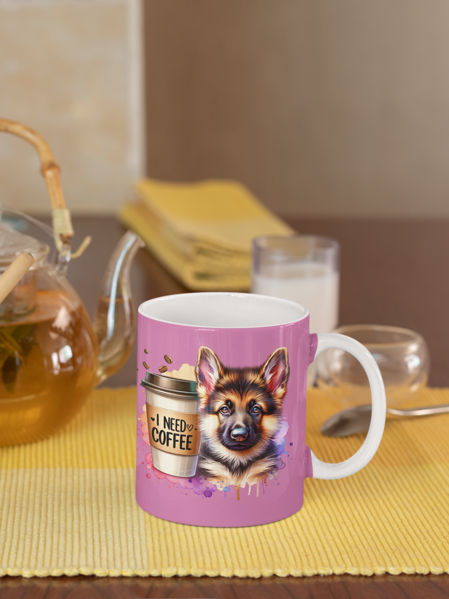 German Shepherd with Coffee Mug – Gift for Dog Moms & Dads