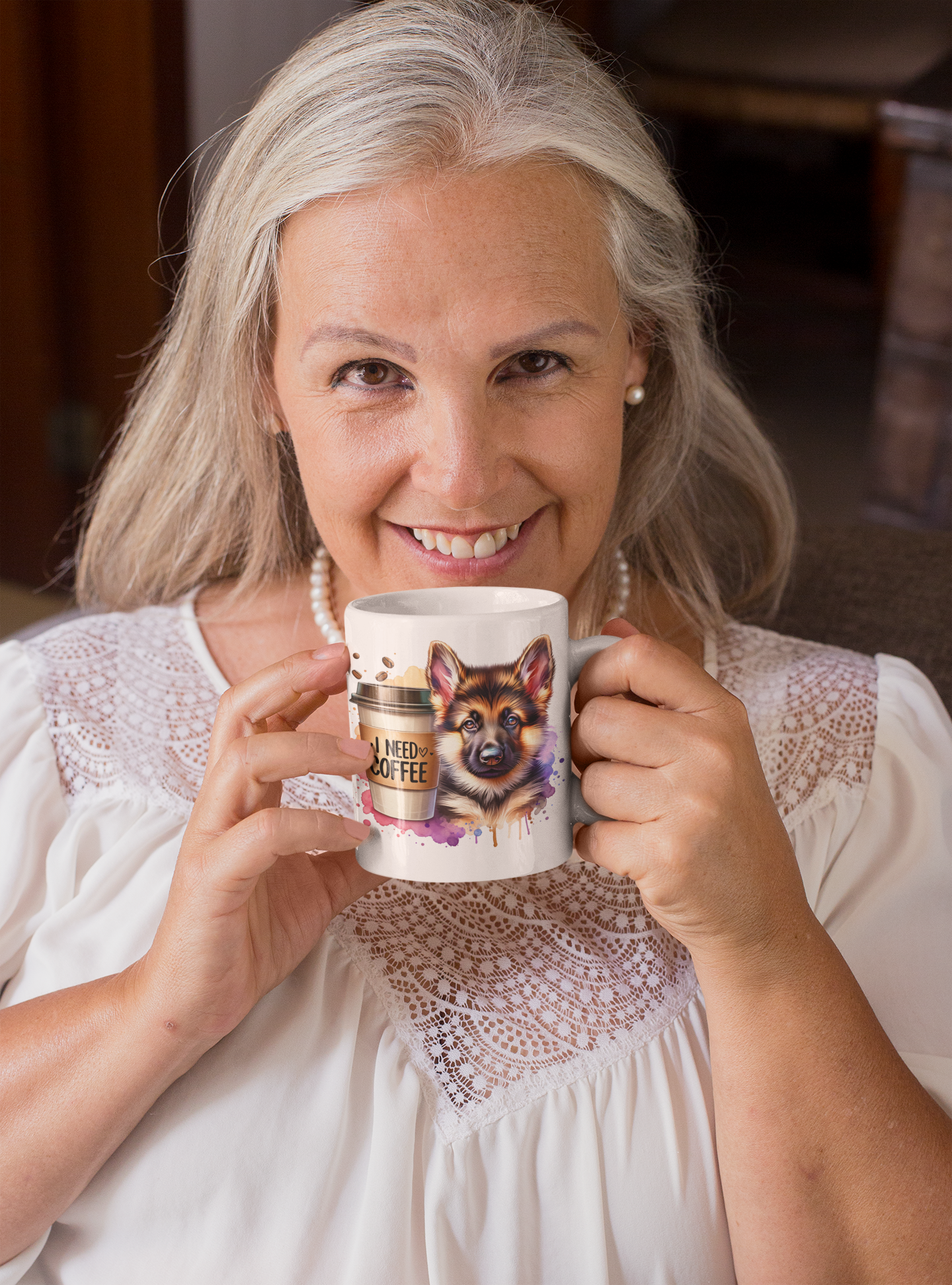 German Shepherd with Coffee Mug – Gift for Dog Moms & Dads