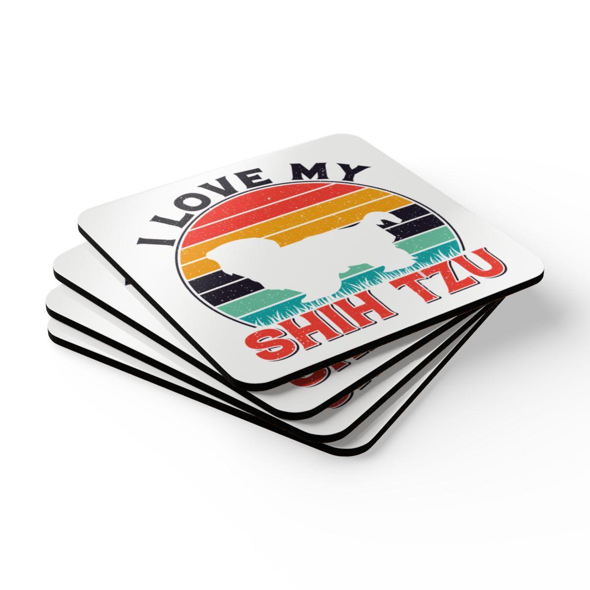 I Love My Shih Tzu With Rainbow Corkwood Coaster Set - Shih Tzu Gifts