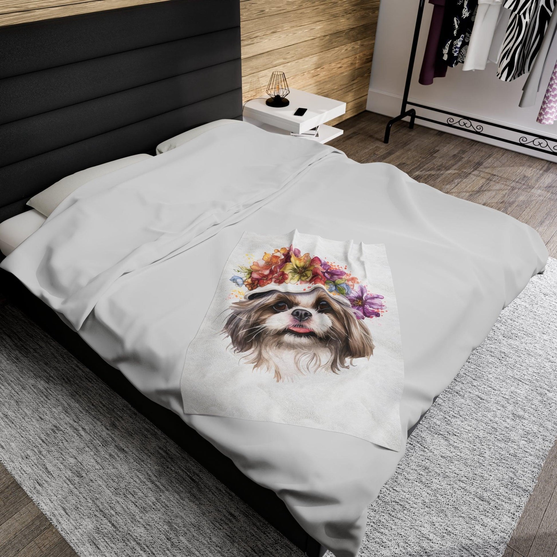 Shih Tzu With Flowers Hat Velveteen Plush Blanket - Shih Tzu Gifts