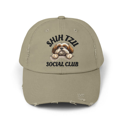 Shih Tzu Social Club Distressed Hat – Adjustable Cotton Twill Cap