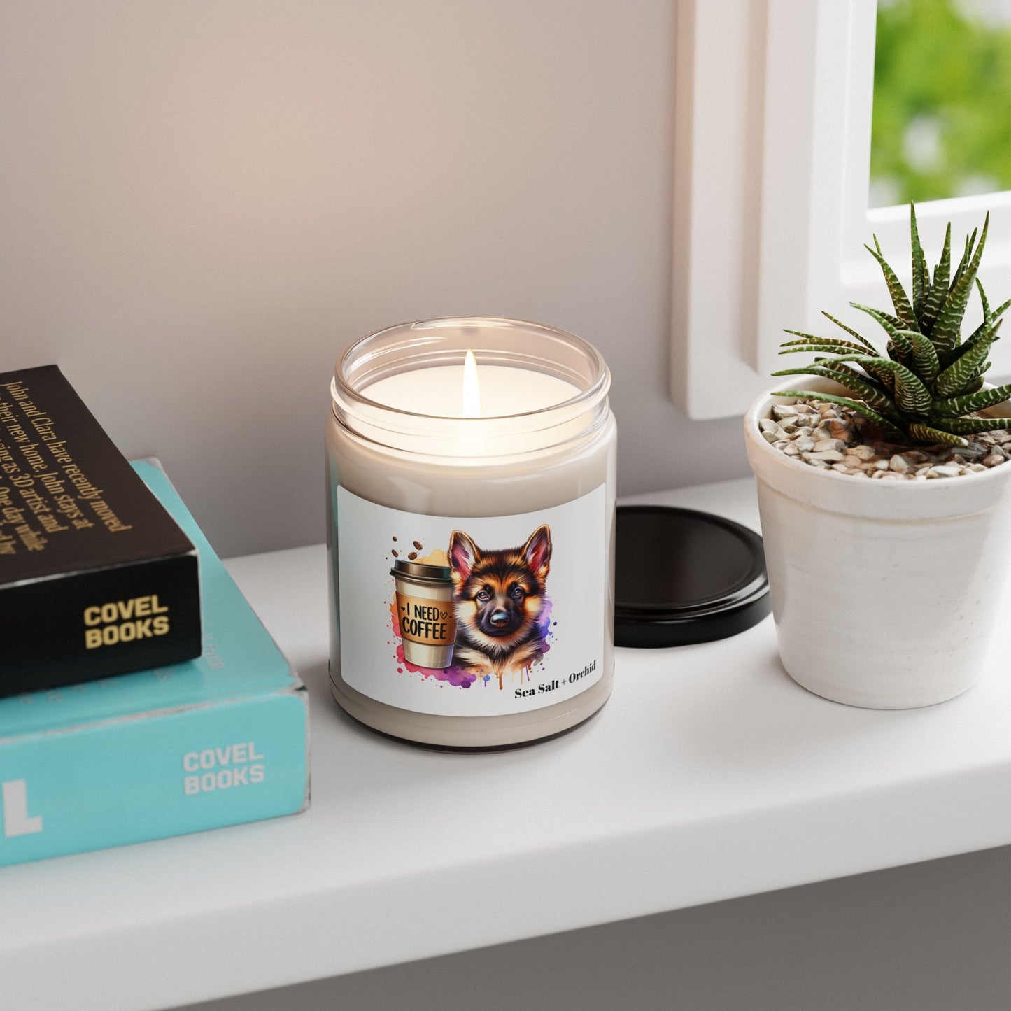 German Shepherd with Coffee Scented Soy Candle – Dog Lover Gift