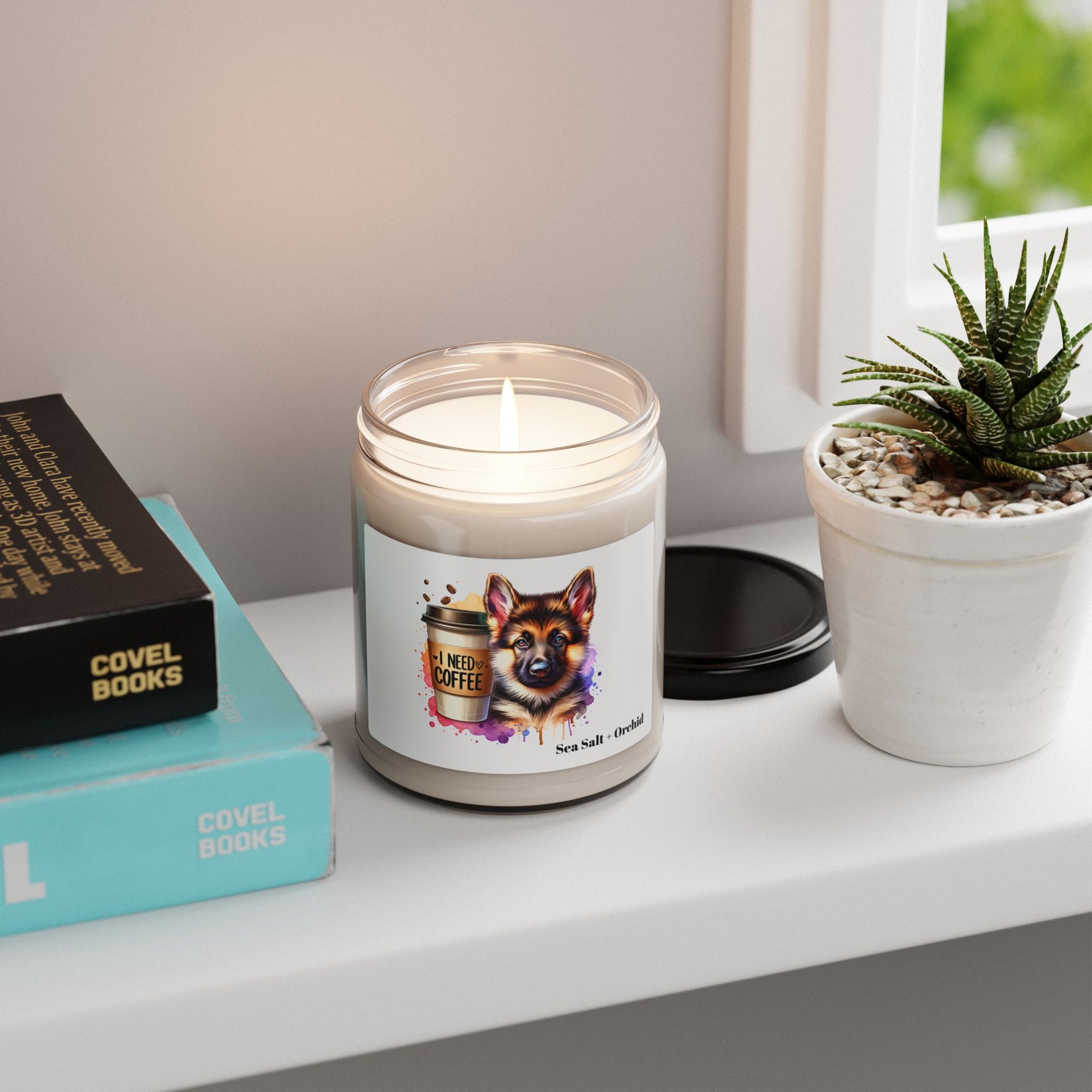 German Shepherd with Coffee Scented Soy Candle – Dog Lover Gift