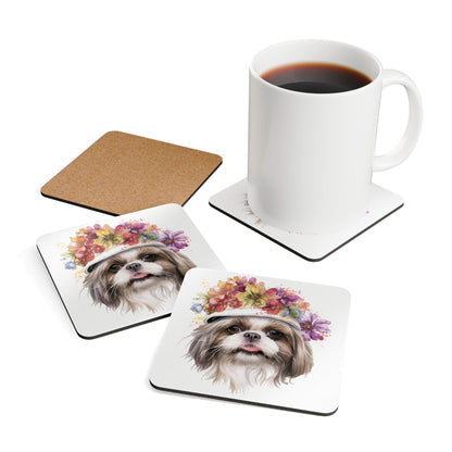 Shih Tzu With Flowers Hat Corkwood Coaster Set - Shih Tzu Gifts