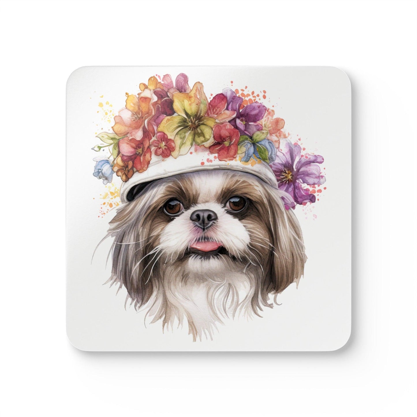 Shih Tzu With Flowers Hat Corkwood Coaster Set - Shih Tzu Gifts