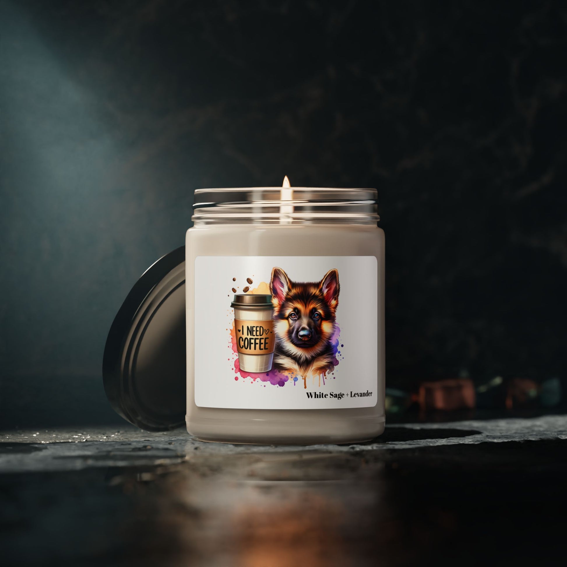 German Shepherd with Coffee Scented Soy Candle – Dog Lover Gift