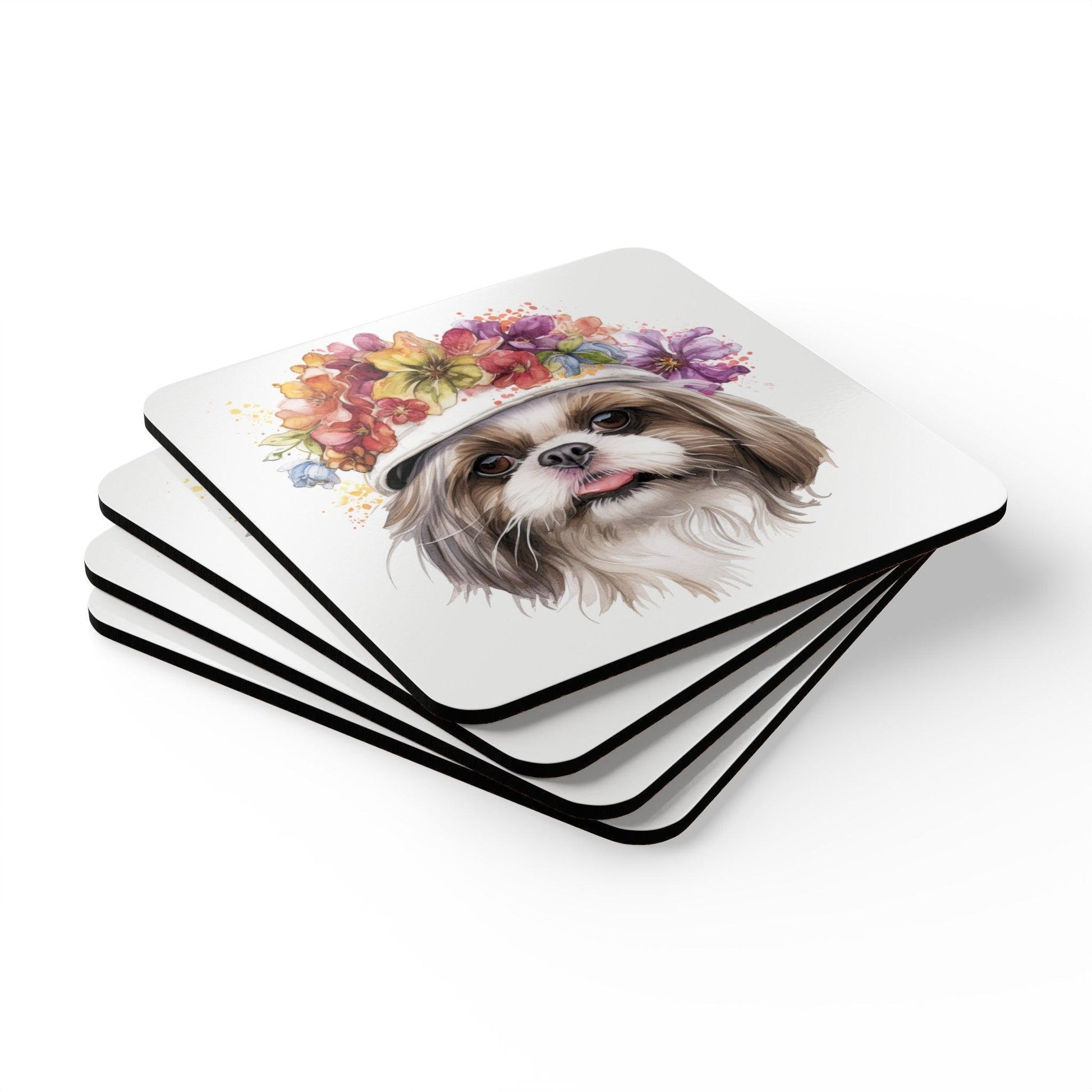 Shih Tzu With Flowers Hat Corkwood Coaster Set - Shih Tzu Gifts