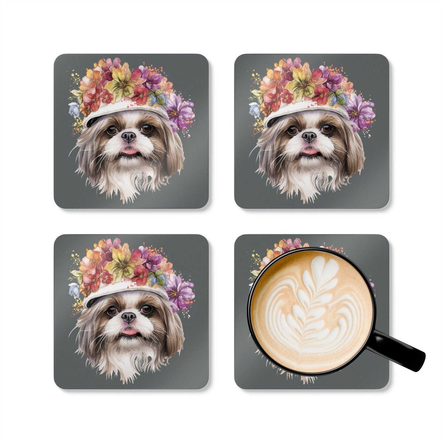 Shih Tzu With Flowers Hat Corkwood Coaster Set - Shih Tzu Gifts