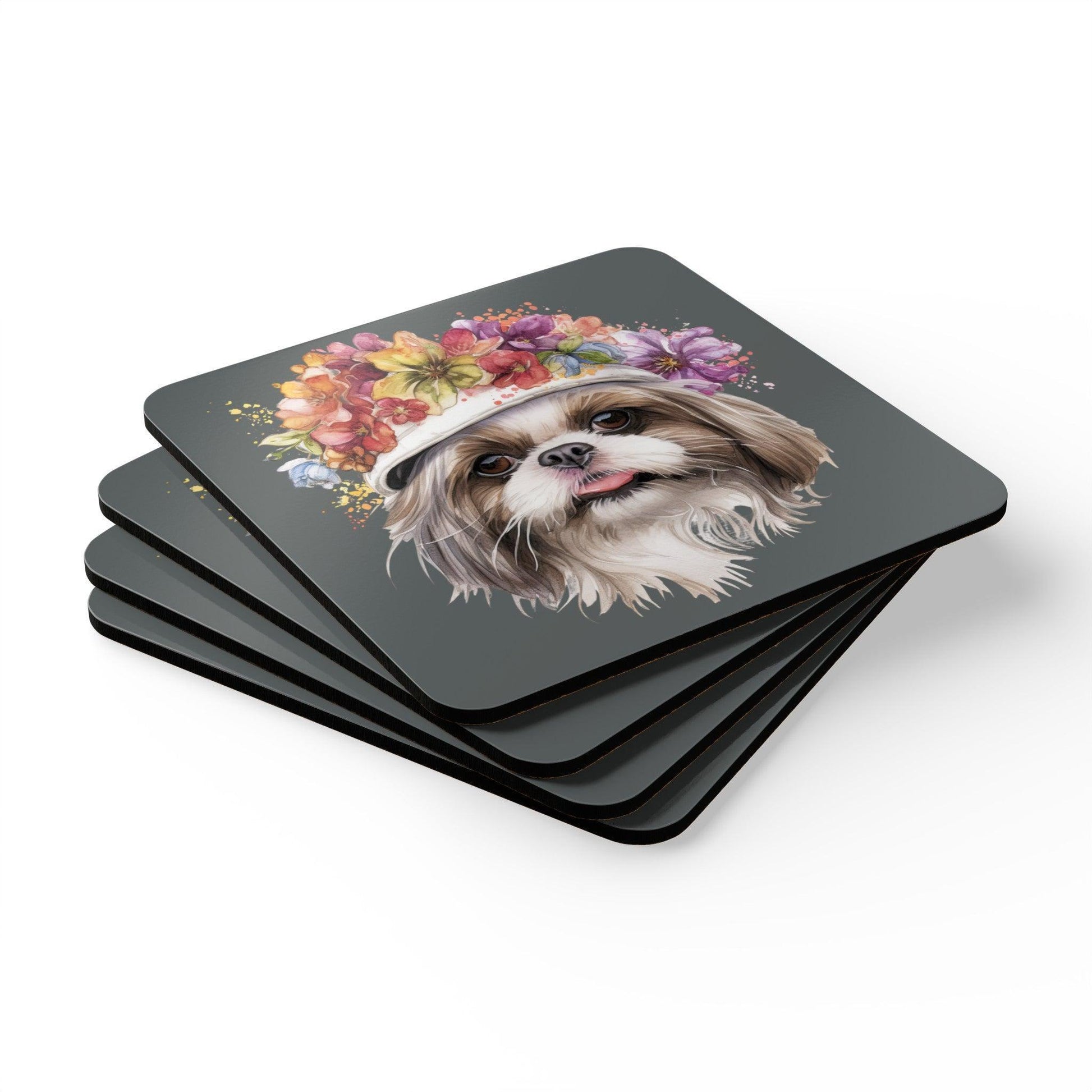 Shih Tzu With Flowers Hat Corkwood Coaster Set - Shih Tzu Gifts