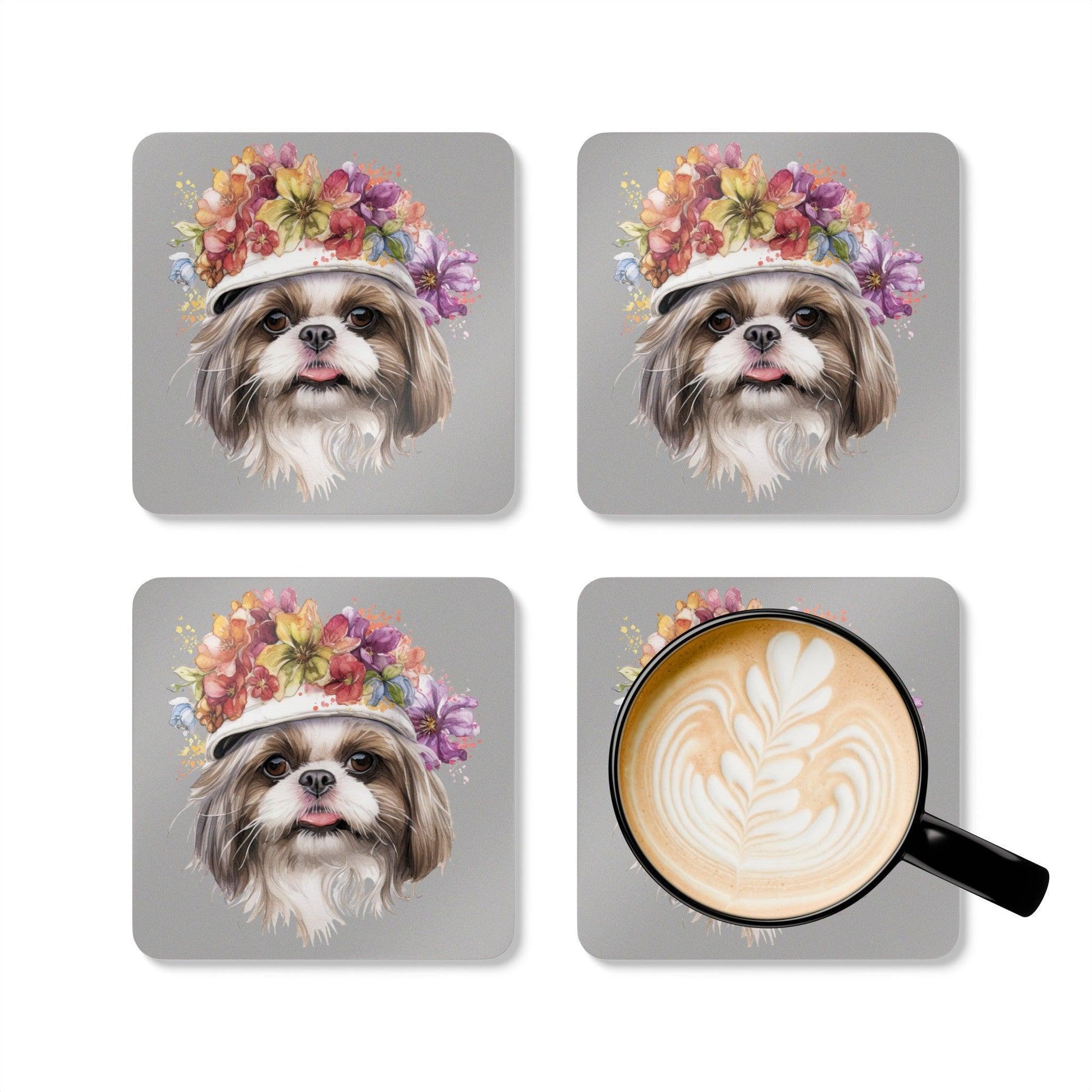 Shih Tzu With Flowers Hat Corkwood Coaster Set - Shih Tzu Gifts