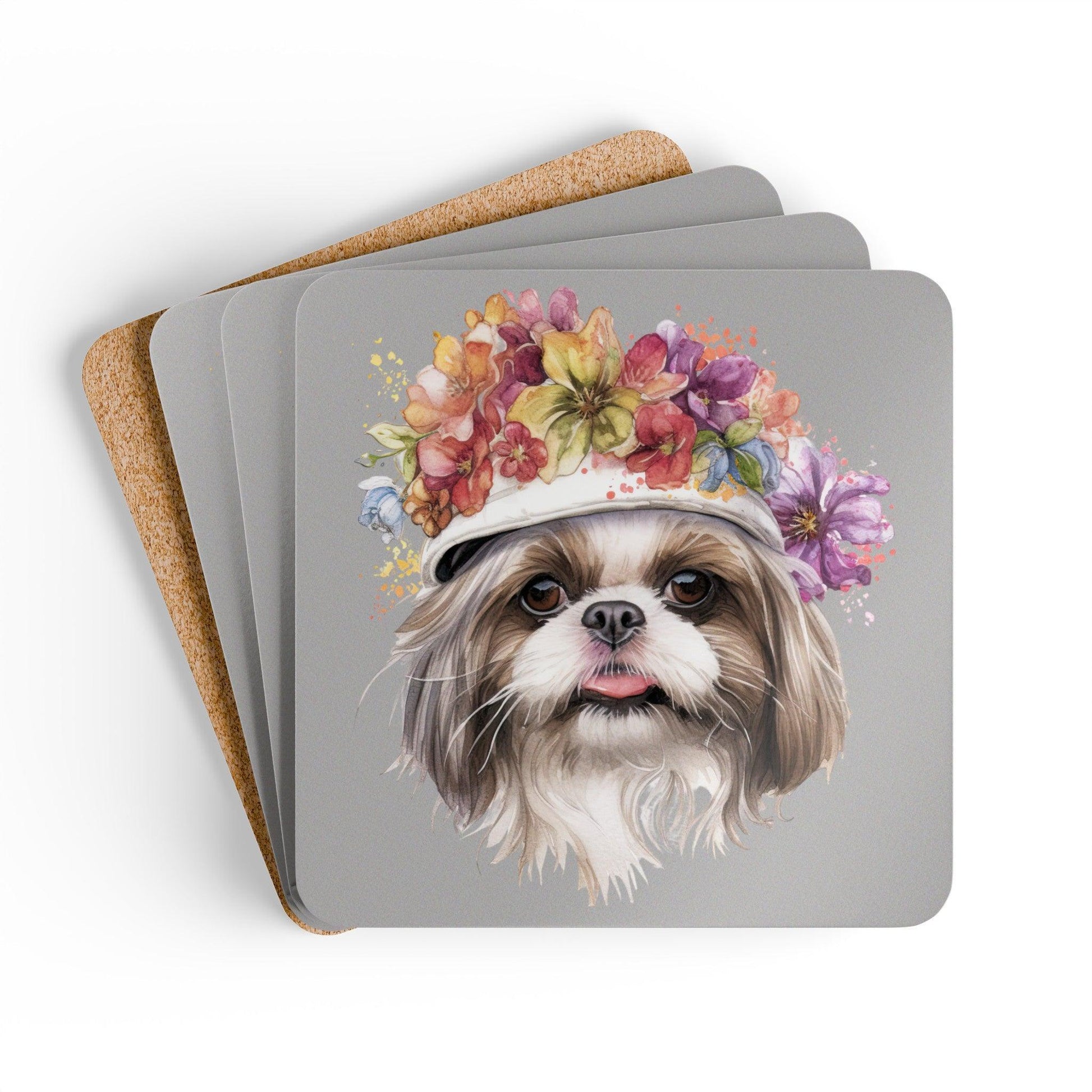 Shih Tzu With Flowers Hat Corkwood Coaster Set - Shih Tzu Gifts