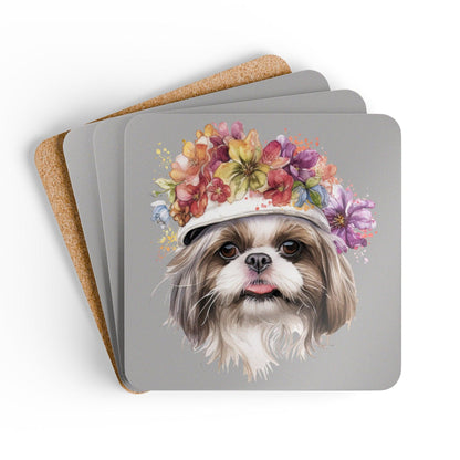 Shih Tzu With Flowers Hat Corkwood Coaster Set - Shih Tzu Gifts