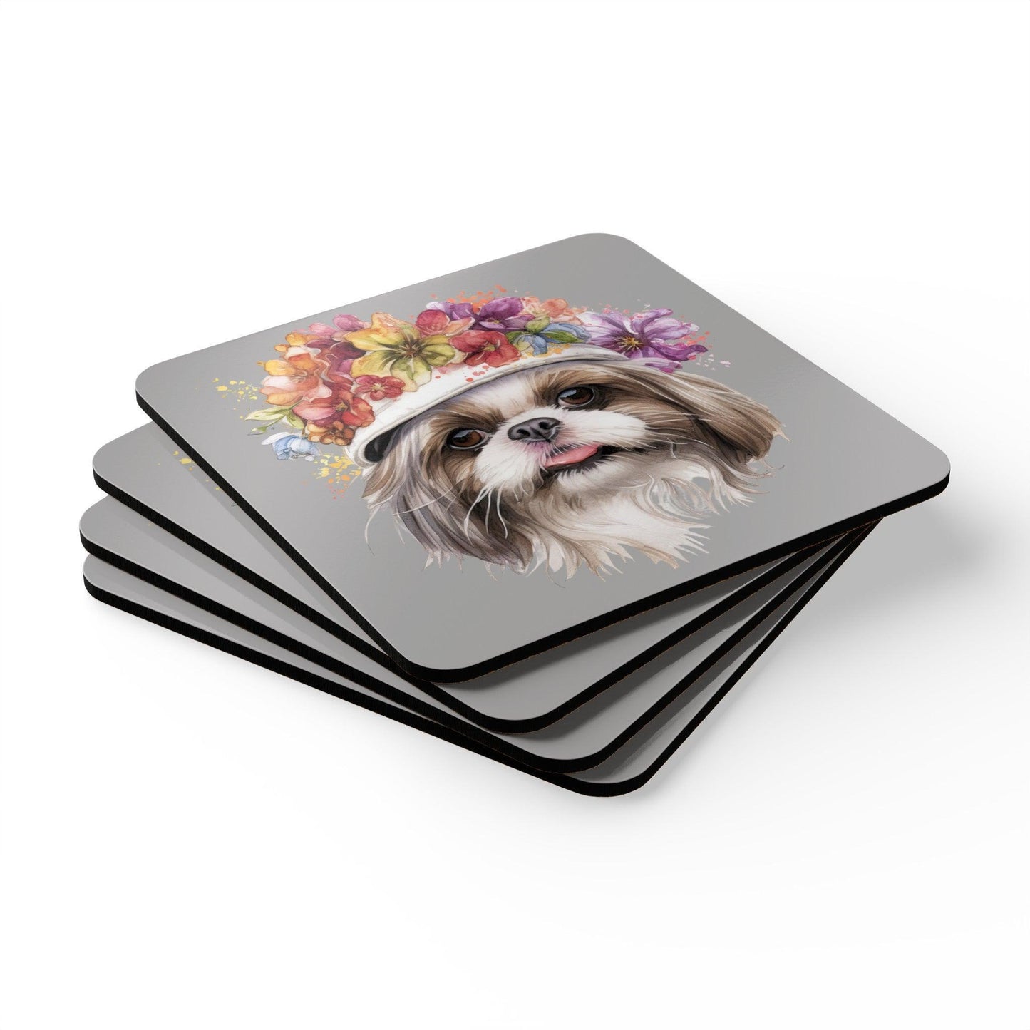 Shih Tzu With Flowers Hat Corkwood Coaster Set - Shih Tzu Gifts