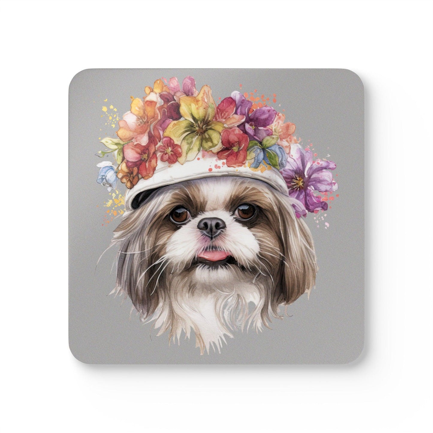 Shih Tzu With Flowers Hat Corkwood Coaster Set - Shih Tzu Gifts