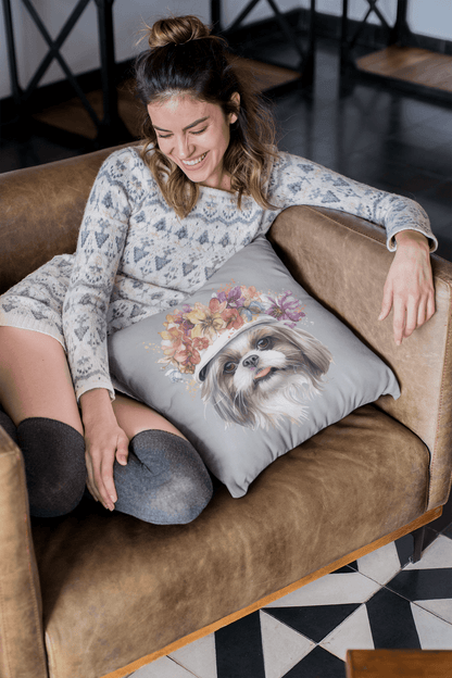 Shih Tzu With Flower Hat Square Pillow - Shih Tzu Gifts