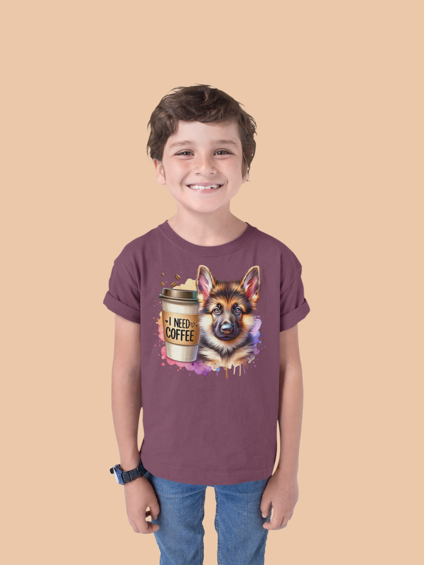 German Shepherd with Coffee Youth T-Shirt – Fun Dog Shirt for Kids
