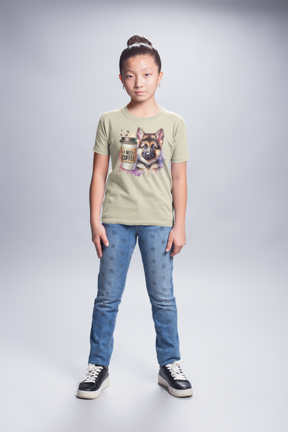 German Shepherd with Coffee Youth T-Shirt – Fun Dog Shirt for Kids