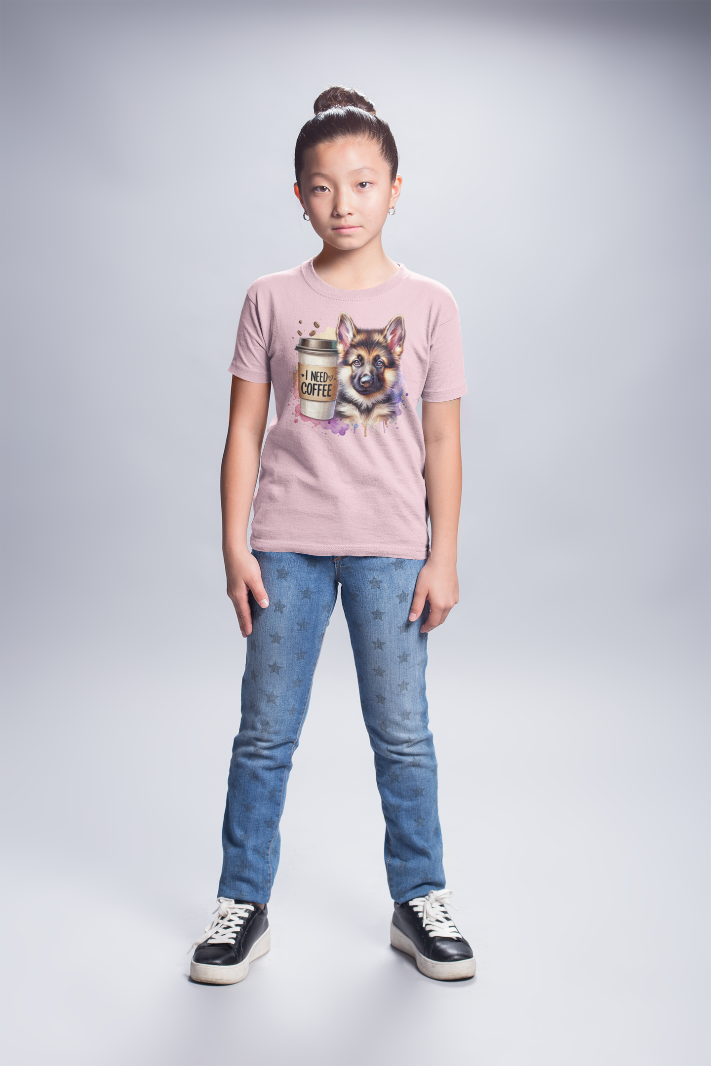 German Shepherd with Coffee Youth T-Shirt – Fun Dog Shirt for Kids