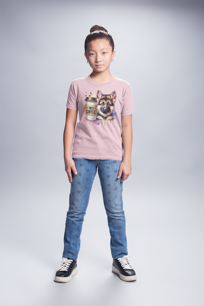 German Shepherd with Coffee Youth T-Shirt – Fun Dog Shirt for Kids