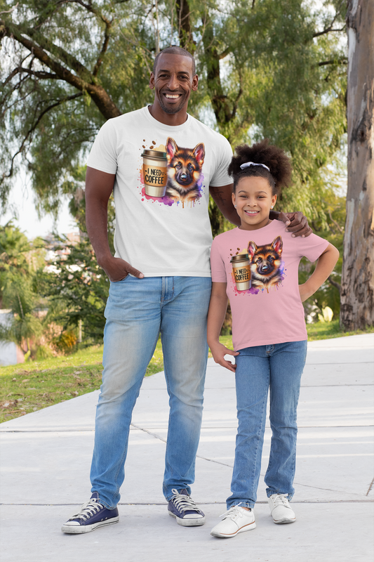German Shepherd with Coffee Youth T-Shirt – Fun Dog Shirt for Kids