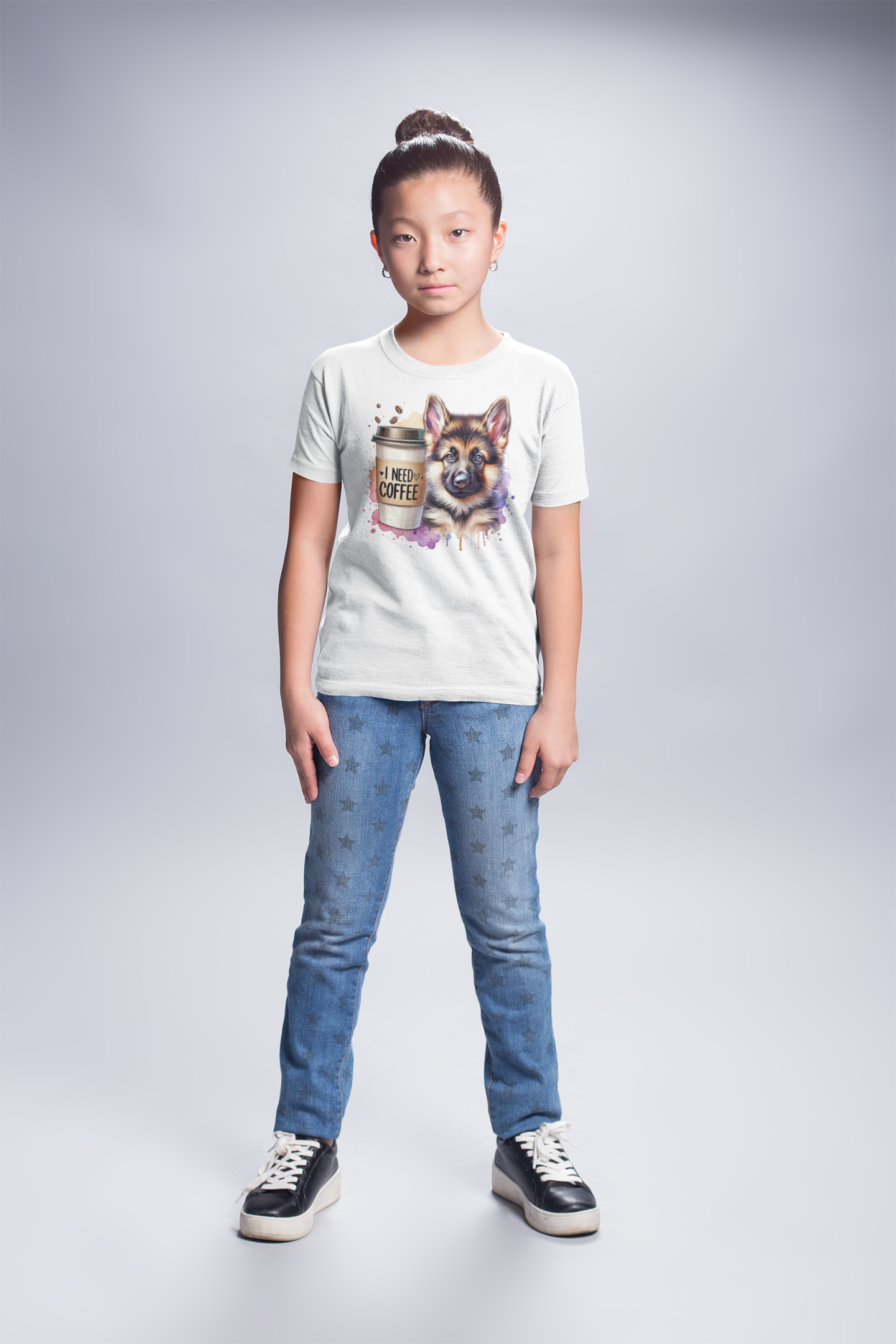 German Shepherd with Coffee Youth T-Shirt – Fun Dog Shirt for Kids