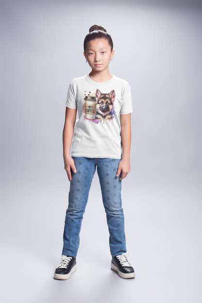 German Shepherd with Coffee Youth T-Shirt – Fun Dog Shirt for Kids
