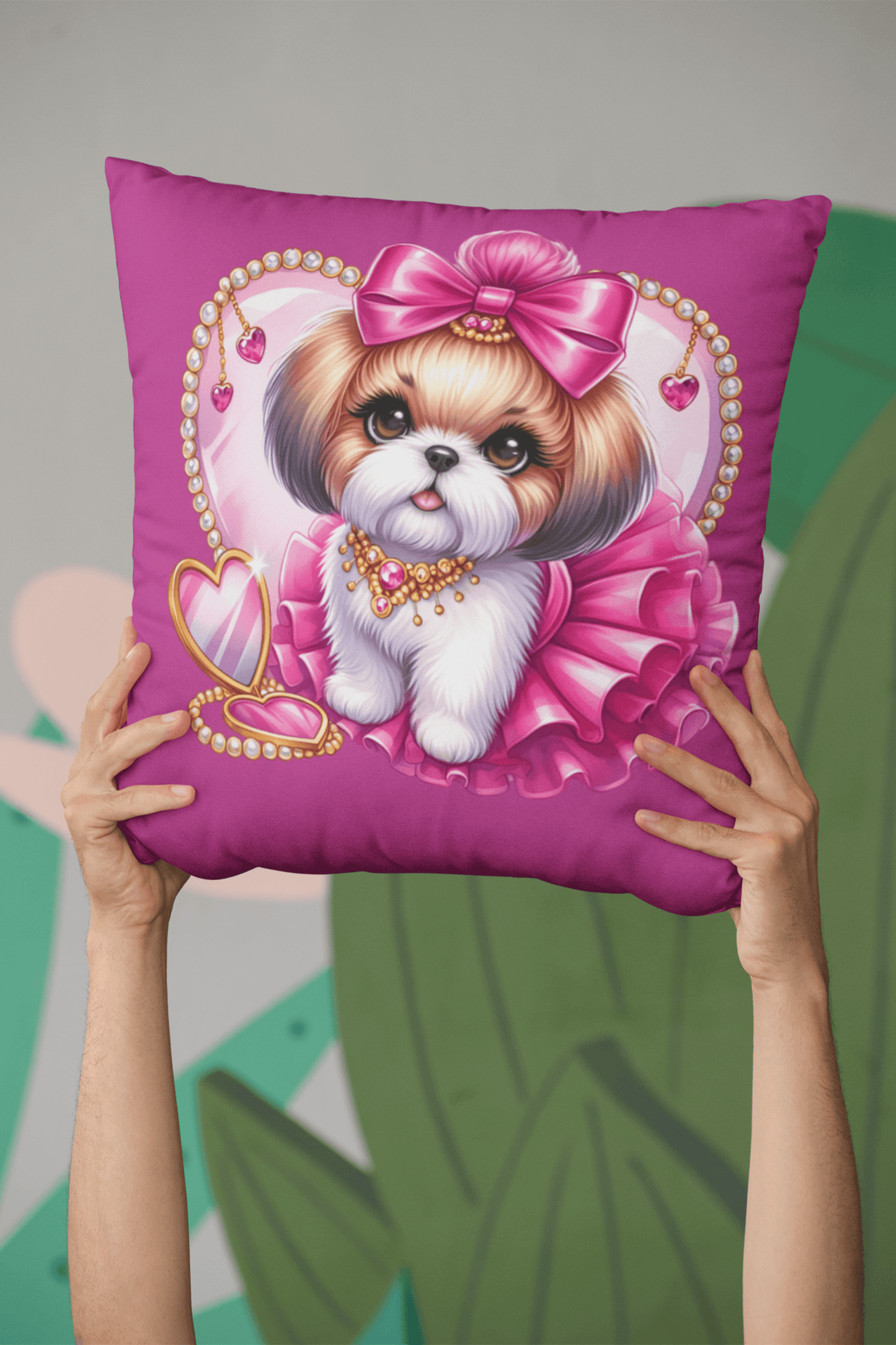 Pink Bow Shih Tzu Square Pillow - Shih Tzu Gifts