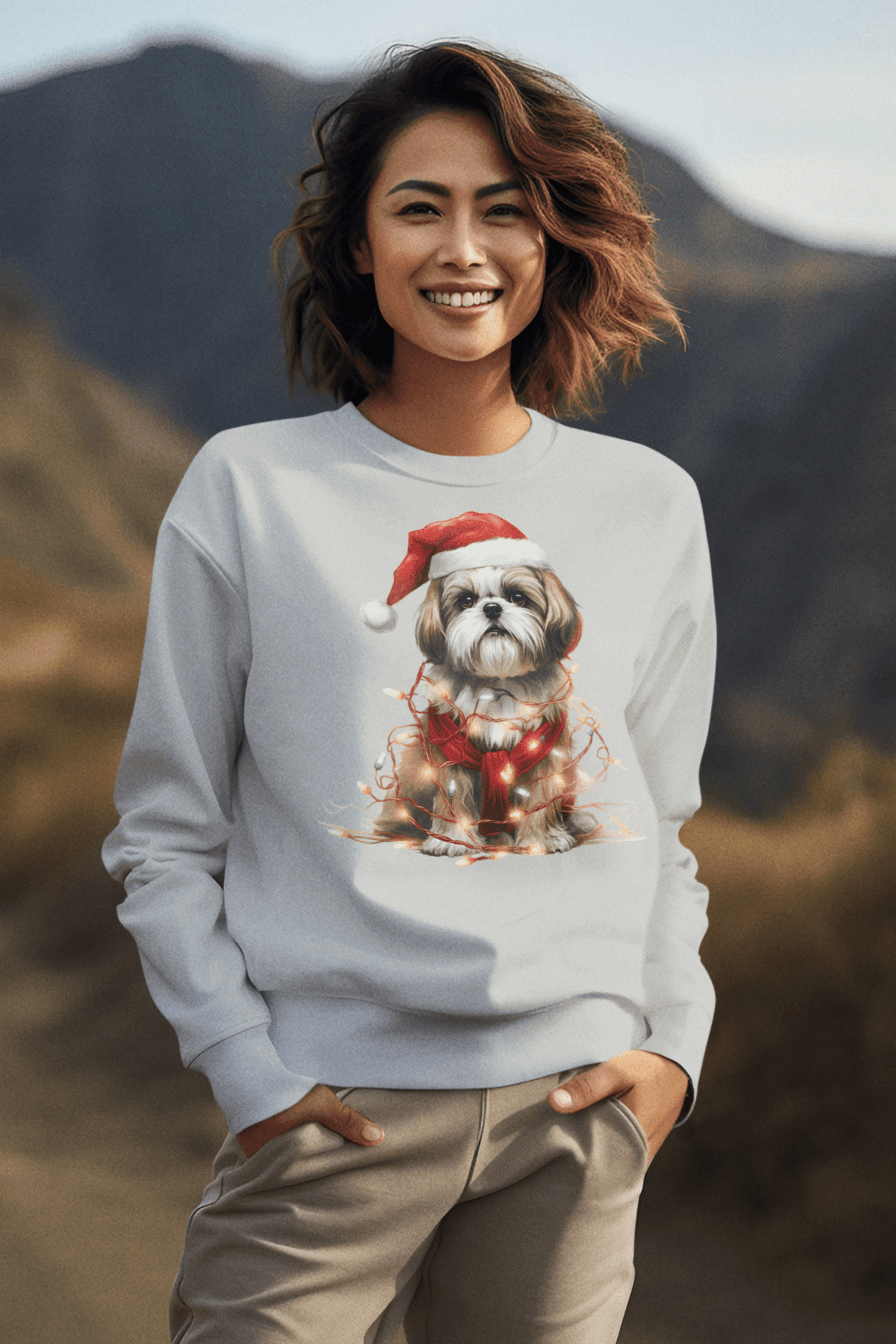 Shih Tzu Wearing a Christmas Hat and Wrapped in Lights Sweatshirt - Shih Tzu Gifts
