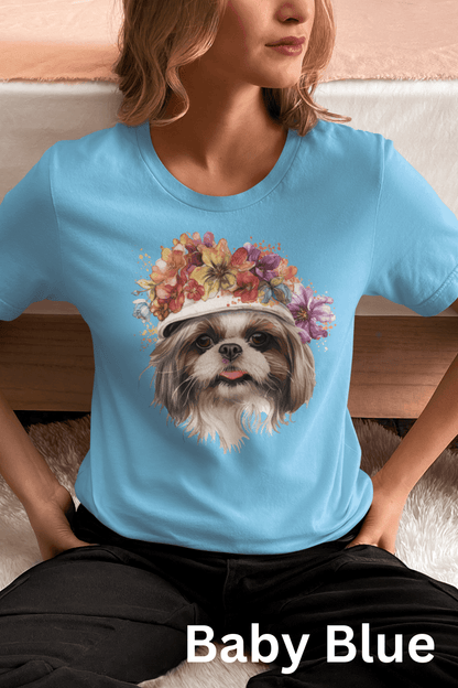 Shih Tzu with Flowers Hat T-Shirt - Stylish Tee for Dog Lovers - Shih Tzu Gifts