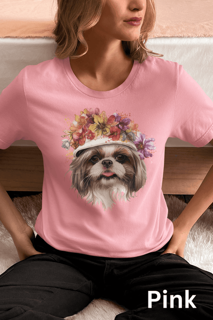 Shih Tzu with Flowers Hat T-Shirt - Stylish Tee for Dog Lovers - Shih Tzu Gifts